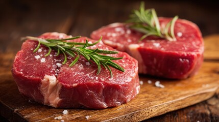Fototapeta premium Two thick cuts of fresh beef sit on a wooden cutting board garnished with sprigs of rosemary and sprinkled with coarse salt highlighting quality meat preparation in a cozy kitchen.