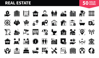Set of 50 solid icons related to Real Estate. Containing plan, rent, sale, garage, home, key, house, insurance, location and more. Pictograms for web, mobile app and infographics