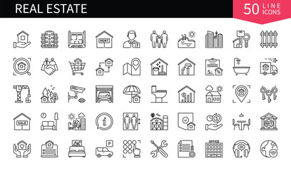 Set of 50 line icons related to Real Estate. Containing agent, apartment, bathroom, business, choose, contract, deal, family and more. Pictograms for web, mobile app and infographics