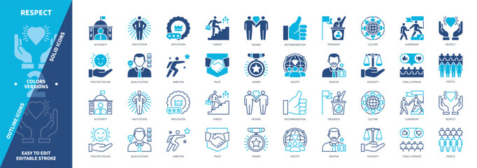 Respect icon set. High Esteem, Authority, Integrity, Leadership, Public Opinion, Reputation, Regard, Ambition. Duotone color solid and editable outline icons