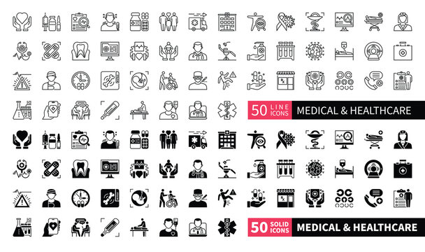 Set of 100 solid and line icons related to Medical and Healthcare. Containing medical clinic, ambulance, paramedic, care, risk, stethoscope and more. Pictograms for web, mobile app and infographics