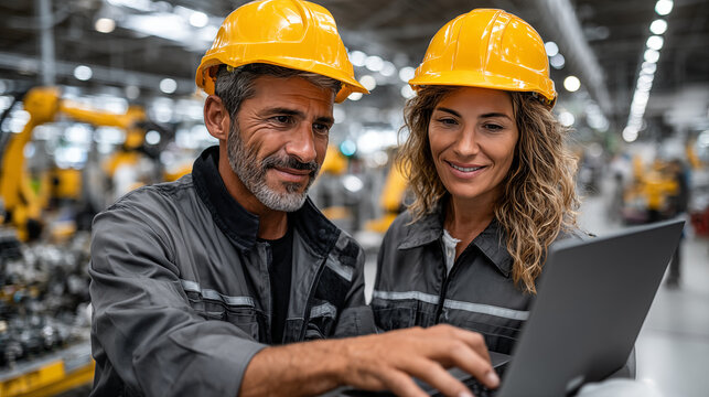 Portrait of confident factory workers using laptop in warehouse.