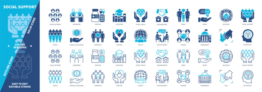 Social Support icon set. Education, Social Network, Government, Help, Psychotherapy, Coworkers, Society, Family. Duotone color solid and editable outline icons