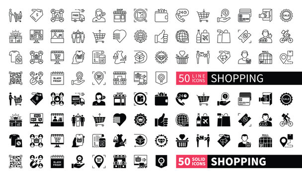Set of 100 solid and line icons related to Shopping. Containing sale, shopping bag, commerce, discount, client, fashion, market, packet and more. Pictograms for web, mobile app and infographics