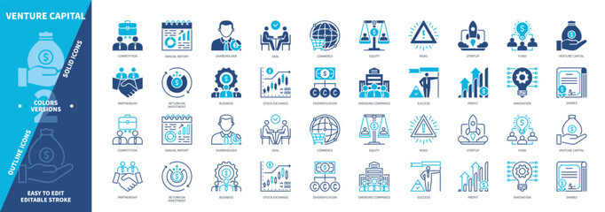 Venture Capital icon set. Emerging Companies, Startup, Business, Investment, Partnership, Shares, Strategic Thinking, Profit. Duotone color solid and editable outline icons