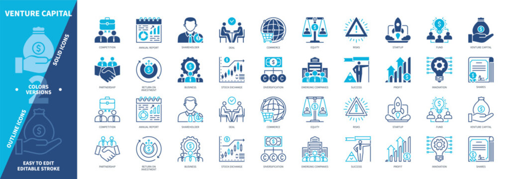 Venture Capital icon set. Emerging Companies, Startup, Business, Investment, Partnership, Shares, Strategic Thinking, Profit. Duotone color solid and editable outline icons