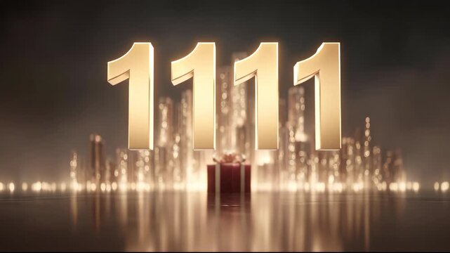 A festive gift box with a golden '1111' on top, surrounded by glowing city skyline elements. Represents 11.11 Singles Day shopping celebration