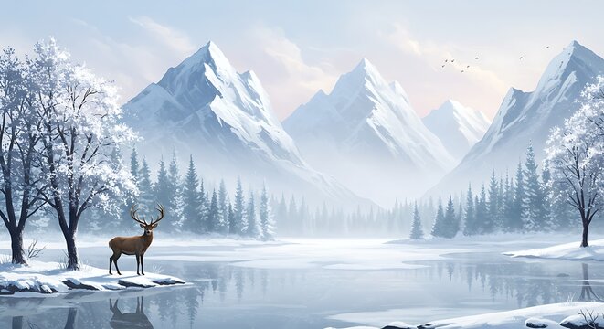 Winter landscape with deer snow covered trees and majestic mountain range