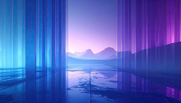 Translucent pillars frame distant misty mountains, blue & purple