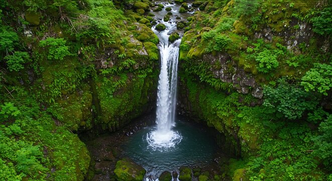 Waterfall cascading into a pool surrounded by lush green foliage - Powered by Adobe