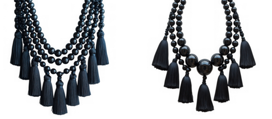 Black beaded necklace with tassels isolated on transparent background