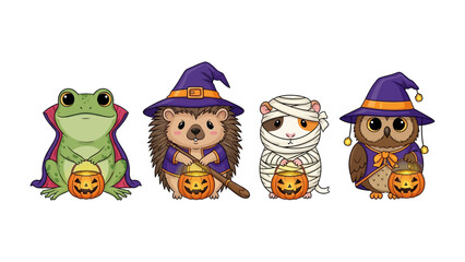 Enchanted Halloween: A charming illustration showcases an ensemble of adorable animals, each donned in whimsical Halloween costumes and accompanied by carved pumpkins.