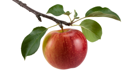 Fresh red apple with leaves on branch, perfect for autumn harvest themes