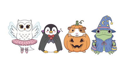 Halloween Delight: A whimsical array of Halloween-themed creatures, each adorned in charming costumes, conjuring a playful atmosphere.