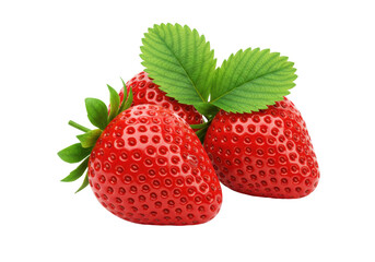 Isolated. A trio of fresh strawberries with green leaves on a clean studio background