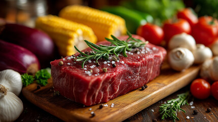 Juicy raw steak on a wooden board next to fresh vegetables. Grill set