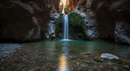 Waterfall cascading into a turquoise pool within a canyon setting