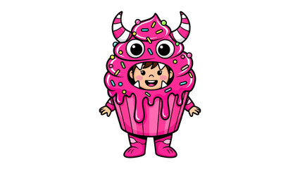 Child in Cupcake Costume: A vibrant illustration of a child joyfully immersed in a whimsical cupcake costume, embodies the playful spirit of imagination.