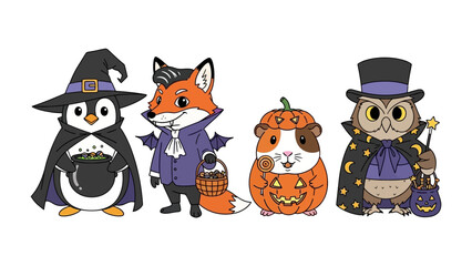 Whimsical Halloween Quartet: A charming illustration showcasing a quartet of cute animals, each dressed in delightful Halloween costumes. It's a cheerful celebration of the holiday! 