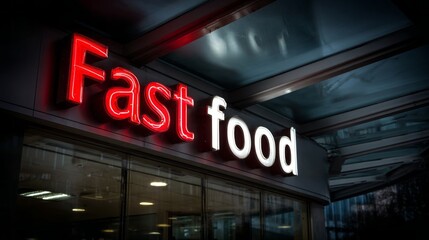 Bright neon sign displaying fast food near a busy city street at night