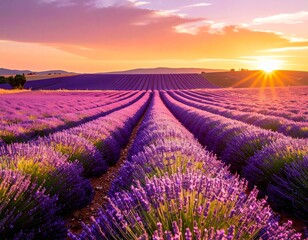 Fototapeta premium Generated image of a lavender fields at golden sunset