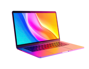 Angled open laptop with colorful display and keyboard, glowing on black backdrop