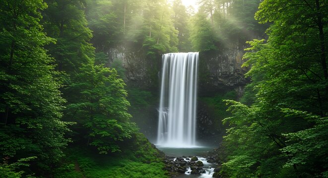 Waterfall cascading through lush forest with bright sunlight and flowing water