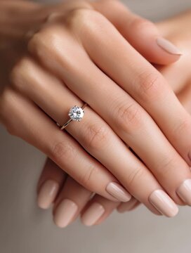 Hyper-Realistic Animation of Elegant Female Hands with Diamond Ring, Minimal Finger Movement, Soft Neutral Manicure, Jewelry Commercial Style, Macro Close-Up, Gentle Studio Lighting, Smooth Slow Motio