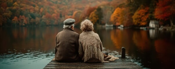 Elderly couple relaxes on a lake dock surrounded by colorful autumn trees