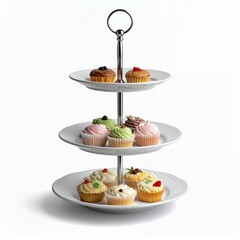 Elegant three-tiered cake stand displaying an assortment of frosted cupcakes on a white background