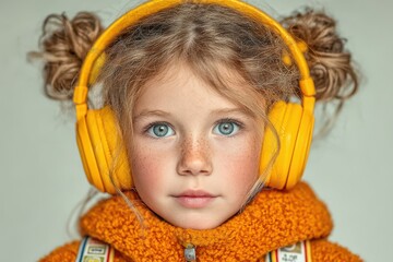 Young girl with yellow headphones posing in cozy orange clothing