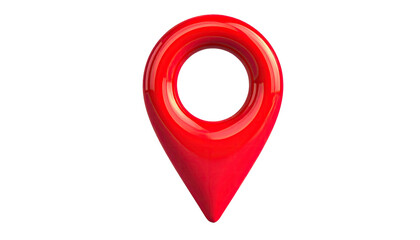 A glossy, red location pin with a circular hole set against a black background