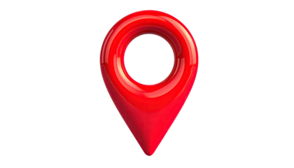 A glossy, red location pin with a circular hole set against a black background