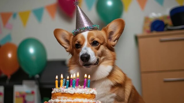 Adorable Corgi Dog Celebrating Birthday with Colorful Hat and Cake Surrounded by Balloons in Festive Celebration Scene 4k video footage