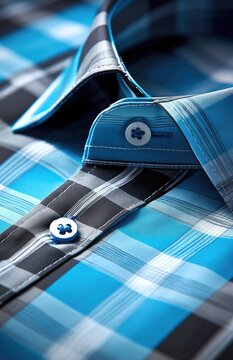 Close-up of a stylish, blue and black plaid shirt collar and buttons