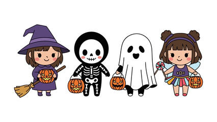Whimsical Halloween Characters: A charming illustration of Halloween characters, witch, skeleton, ghost, and fairy, dressed in costumes and holding pumpkins