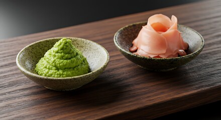 Wasabi and pickled ginger presentation on wooden serving board