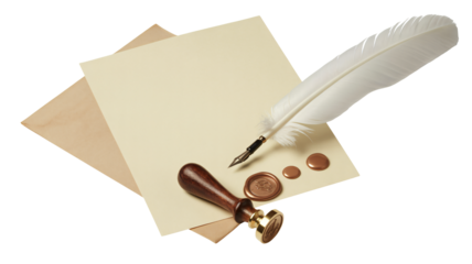 Vintage quill pen, wax seal, and parchment evoke timeless communication