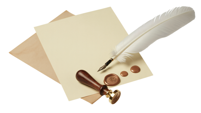 Vintage quill pen, wax seal, and parchment evoke timeless communication