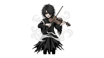 Melancholic Musician: In a grayscale illustration, a lone figure, cloaked in dark attire, intensely plays the violin, evoking a mood of somber elegance, framed against an enigmatic background.