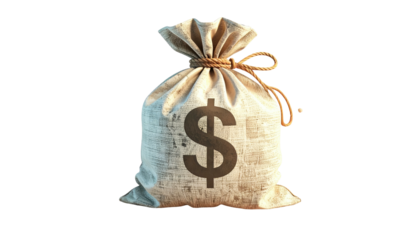 A money bag with a dollar sign on it, tied with a rope, over a black backdrop