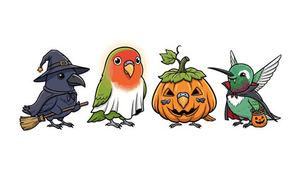 Halloween Bird Squad: A whimsical illustration of a charming flock of avian friends embracing the Halloween spirit in adorable costumes. Witness a captivating scene filled with joy, fun.