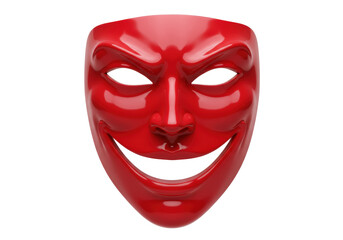 Isolated red theatrical mask with sinister smile suggests evil and deception in drama