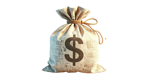 A money bag with a dollar sign on it, tied with a rope, over a black backdrop