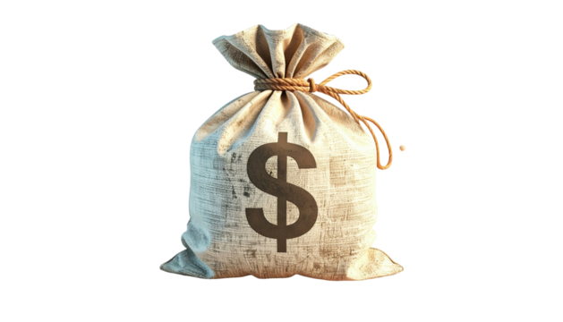 A money bag with a dollar sign on it, tied with a rope, over a black backdrop - Powered by Adobe