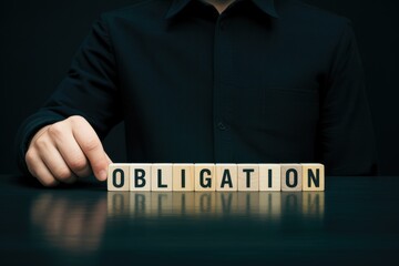 A businessman in a dark shirt spelling out the word obligation with wooden blocks, representing professional duty, responsibility, and commitment