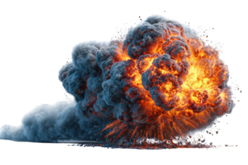 Dramatic Explosion Cloud with Fiery Orange Center and Blue Smoke on Transparent Background, Dynamic and Energetic Effect