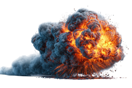 Dramatic Explosion Cloud with Fiery Orange Center and Blue Smoke on Transparent Background, Dynamic and Energetic Effect