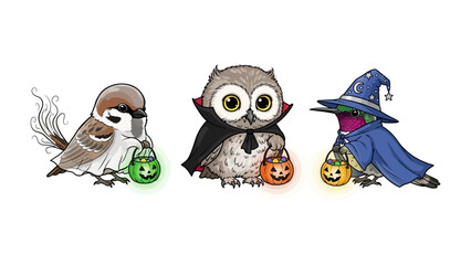 Festive Avian Trio: Charming illustrations depict a collection of costumed birds, each ready to embark on a delightful Halloween adventure.