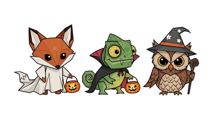 Whimsical Halloween Trio: A delightful illustration presents three adorable characters—a fox, a chameleon.